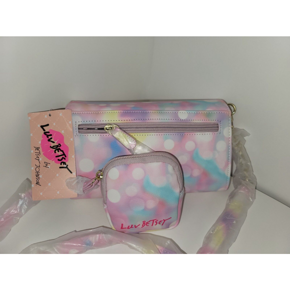 Luv Betsey Johnson Crossbody heart pink Multicolor removeable Ear Bud pouch - Picture 1 of 16